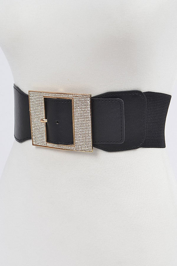 Black, elastic waist, clear rhinestone buckle belt on shiny vinyl.