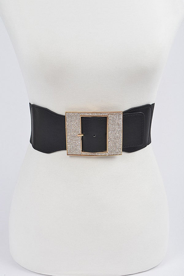 Black, elastic waist, clear rhinestone buckle belt on shiny vinyl.